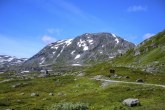 Geiranger, Møre og Romsdal province, Norway, rocky mountain landscape with green fields and blue