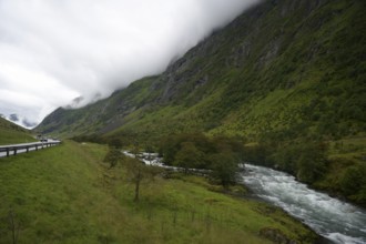 Byrkjelo, Vestland, Norway, Lonely road and river through a green valley surrounded by mist-covered