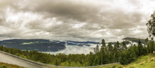 Utvik, Vestland, Norway, panoramic view of foggy mountain slopes and a dense forest under cloudy