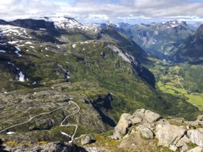 Geiranger, Møre og Romsdal province, Norway, view of a winding road in a deep, green mountain gorge