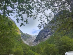 Oldedalen, Vestland, Norway, view through trees of an impressive mountain gorge under a calm sky of
