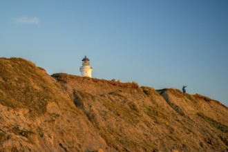 Hirtshals, Nordjylland region, Denmark, Hirtshals lighthouse stands on cliff in warm evening light