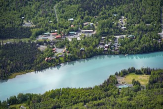 View from above of turquoise blue Kenai River, Cooper Landing, Kenai Peninsula, Alaska, USA