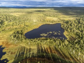 Idre, Dalarnas län, Sweden, aerial view of a moor lake with long shadows and surrounding forest