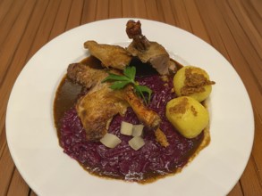 Half duck, red apple cabbage, dumplings, pear, on plate, food, Stuttgart, Baden-Württemberg,