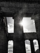 Elymian Doric Temple, ruin, monochrome, sunbeams, ancient city of Segesta, archaeological site,