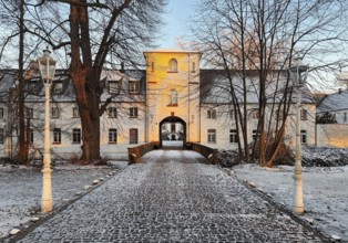 The bailey of Lauersfort Castle in winter, Moers, Wesel district, Lower Rhine, North