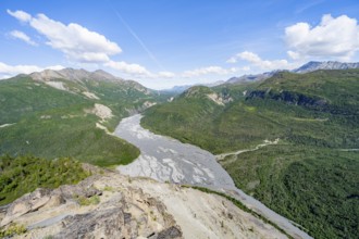 View of impressive mountain landscape with Matanuska River, Lion's Head, Chugach Mountains, Alaska,