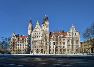 New Town Hall, monument by Hugo Licht, in winter with snow, Leipzig, Saxony, Germany