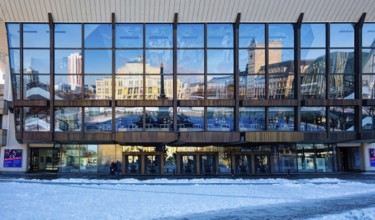 Gewandhaus façade with reflection of Augustusplatz in winter with snow, Leipzig, Saxony, Germany