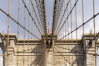 Brooklyn Bridge tower and cables, Brooklyn Bridge, New York, USA
