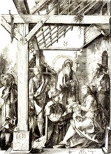 The Magi give presents to the Christ Child, sage from the East, based on a woodcut by Albrecht