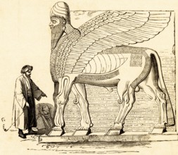 Winged portal figure from Nimrud, bull with human head and wings, pre-Christian founding of the
