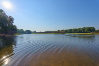 A lake with soft waves and reflections, surrounded by trees under a clear, sunny sky, Fazenda