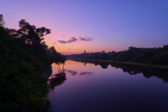 The river reflects the purple and pink morning sky, lined with thick trees, Fazenda Barranco Alto,