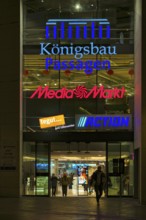 Night view, logo media market, Tegut, action, entrance Königsbau Passagen, shopping center,