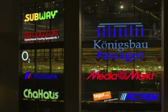 Night view, neon lighting, logo media market, Tegut, action, Subway, Postbank, ChaHaus, 123gold.de,