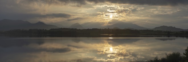 Sunset panorama, Hopfensee, Hopfen am See, near Füssen, Ostallgäu, Allgäu, Bavaria, Germany