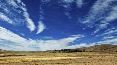 Wide landscape with fields under an intense blue sky, The Altiplano landscape in the Andes of