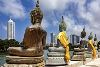 Back views of Buddha statues with yellow fabrics in front of a modern city, The Seema Malaka Temple