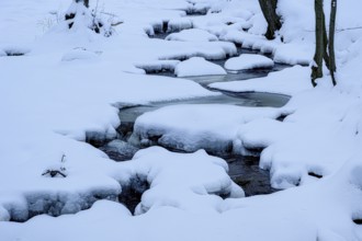 Ilsenburg, Saxony-Anhalt, Germany, path of a snowy little river Ilse in the Harz National Park on