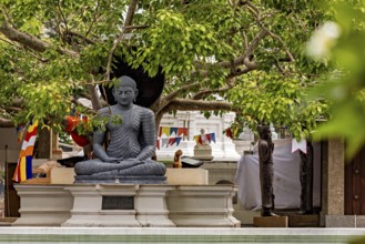 Stone Buddha under trees with decorative prayer flags in the temple area, The Seema Malaka Temple
