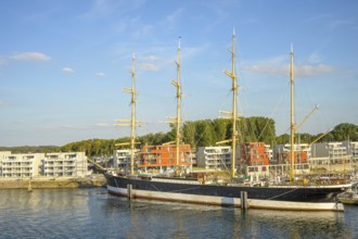 A large sailing ship the legendary 4 Mastbark Passat a flying P-liner, catches the eye in the