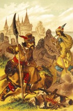 Hussites, ethnic group in Bohemia, fantasy depiction, group, weapons, open fire, castle, medieval,