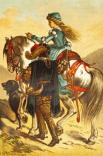 Elegant young woman riding, fairy tale picture, literary genre, valuable bridle, companion, elegant