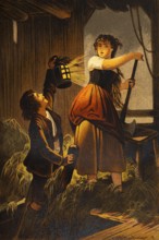 Surprising visit to the hayloft, young woman 16-20 years old, young man 16-20 years old, lantern,