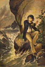 Young man stranded on deserted island, fairy tale picture, storm, sea, high swell, shipwreck,
