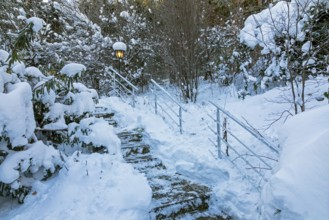 Snowy garden, lamp, stairs, winter, snow, Sieversen, Samtgemeinde Rosengarten, Lower Saxony,