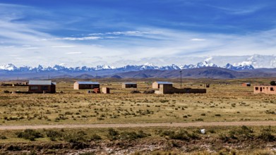 Small houses in the countryside with mountain views and blue skies, The Altiplano landscape in the