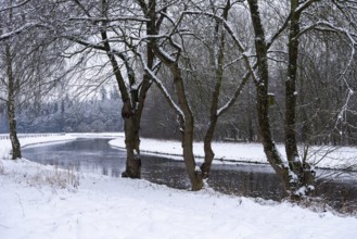 Hunte in winter with snow, Barnstorf, Lower Saxony, Germany