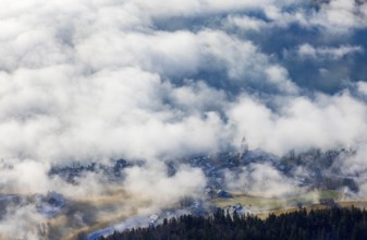View of a sea of fog from Vormauerstein, Sankt Wolfgang am Wolfgangsee, church tower rising out of