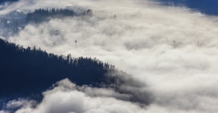 View of a sea of fog from Vormauerstein, Strobl am Wolfgangsee, church tower sticking out of the
