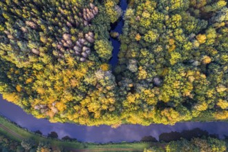 Aerial view of Hunte in autumn, Pestrup, Wildeshausen, Lower Saxony, Germany
