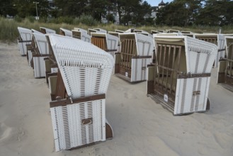 Beach chairs set up for transport to winter quarters, sandy beach, Baltic Sea, Binz, seaside