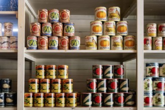 Interior view, historic restored Kennicott shopping store with historic goods display, retro food