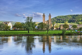 Moselle river, St. Salvator church, double tower, general architecture, houses, riverbank, hilly