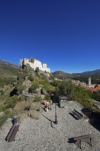 Citadel with the bastion Eagle's Nest, mountain town of Corte, on the right the village of Corte,