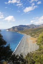 Black pebble beach Plage de Nonza or Plage Negro, Cap Corse, Haute-Corse Department, Corsica,