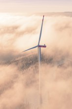 Tall wind turbine in fog illuminated by early morning lights, Bad Wildbad, Calw district, Black