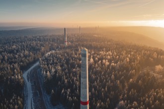 Narrow wind turbine towers rise above a snow-covered forest, winter silence and a curved path, in