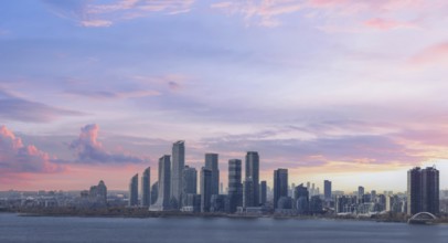 Scenic Etobicoke skyline of newly built condos and businesses near Gardiner Highway and downtown