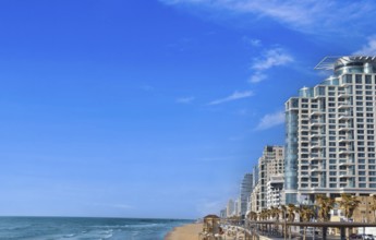 Scenic Israel Tel Aviv coastline seashore promenade with hotels and beaches near Old Jaffa port