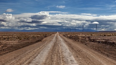 Lonely road stretching into the distance, under a cloudy sky, The landscape of the Altiplano near