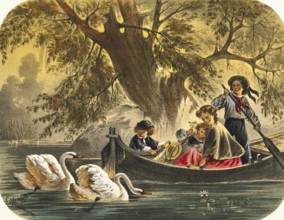 Mother with her two children on a boat trip across a lake, young man rows and steers the boat, girl
