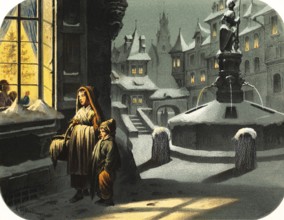 Two poor children, boy and girl, watching from the street a festively decorated Christmas tree in a