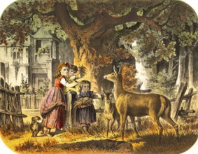 Rural scene with three children and friendly deer, villa, forest, children feeding tame deer with